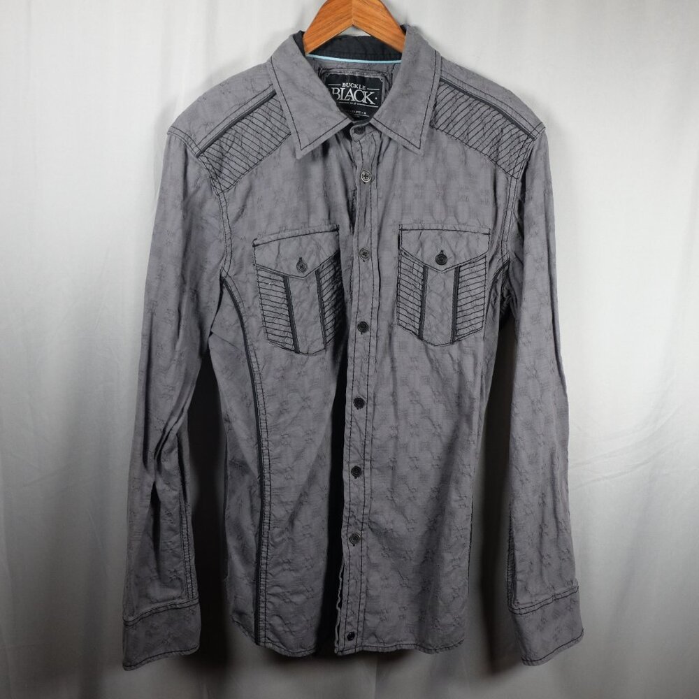 Buckle BKE Black Men's Gray Black Stitch Standard Fit Size Medium Long Sleeve